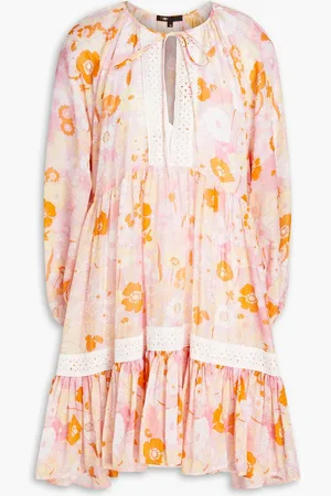 Maje Gathered floral-print cotton and silk-blend mousseline mini dress - Pink - FR 38