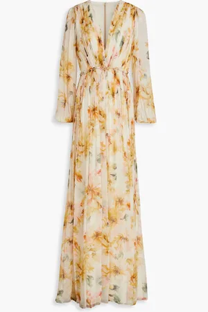 Costarellos Pleated floral-print crepon gown - Neutral - FR 38