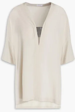 Brunello Cucinelli Cutout bead-embellished silk crepe de chine tunic - White - M