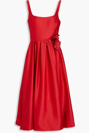 Marchesa Notte Floral-appliquéd duchesse-satin midi dress - - US 8
