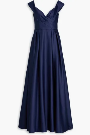 Marchesa Notte Pleated duchesse-satin gown - Blue - US 8