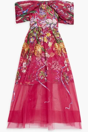 Marchesa Notte Off-the-shoulder embroidered charmeuse and tulle midi dress - Pink - US 8