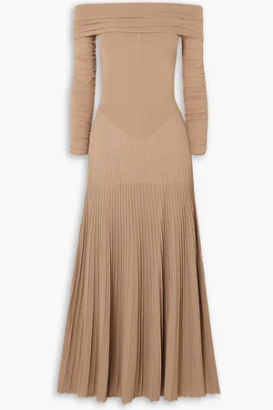Khaite Rebecca off-the-shoulder ruched pleated stretch-knit maxi dress - Brown - L