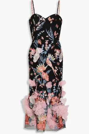 Marchesa Notte Floral-appliquéd embroidered tulle midi dress - - US 12
