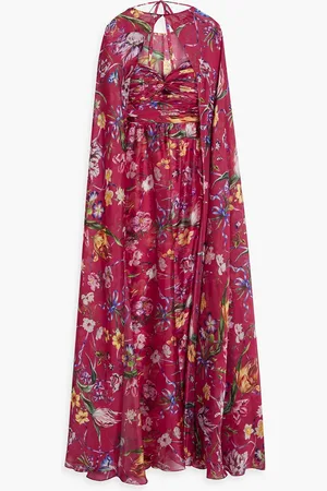 Marchesa Notte Cape-effect floral-print charmeuse gown - Red - US 4