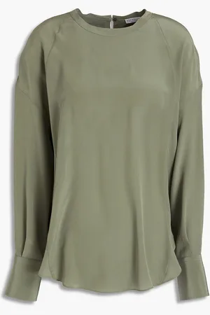 Brunello Cucinelli Bead-embellished silk crepe de chine blouse - Green - XXS