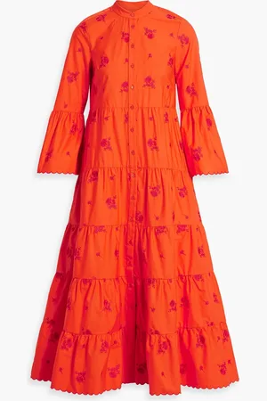 Erdem Tiered embroidered cotton-poplin midi shirt dress - - UK 8