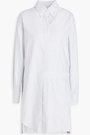 Thom Browne Asymmetric pleated striped cotton mini shirt dress - Gray - IT 40