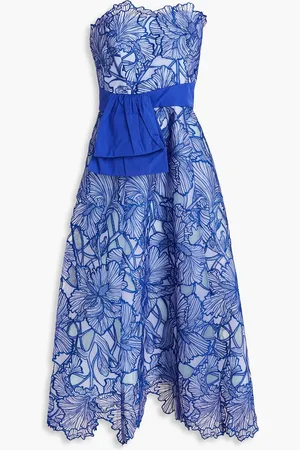 Marchesa Notte Strapless taffeta-paneled embroidered tulle midi dress - Blue - US 8