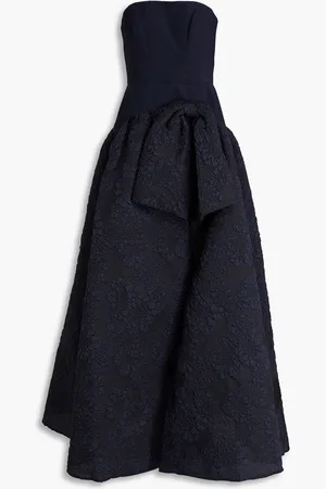 Marchesa Notte Strapless bow-detailed cloqué and crepe gown - Blue - US 14