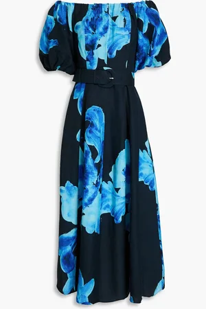 Nicholas Off-the-shoulder floral-print linen-blend midi dress - Blue - US 2