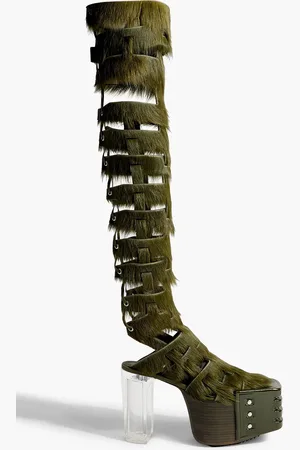 Rick Owens Kiss lace-up calf hair platform thigh boots - Green - EU 38