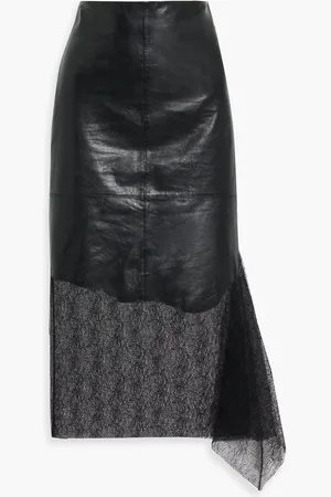 Helmut Lang Lace-trimmed leather midi skirt - - US 2