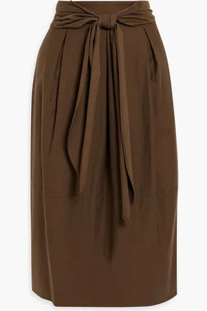 Vince Belted pleated cotton and wool-blend twill midi skirt - - US 14