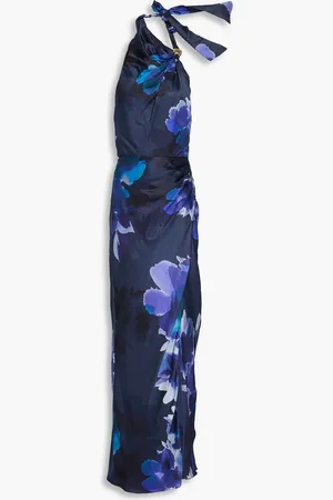 Nicholas Printed satin halterneck maxi dress - Blue - US 4