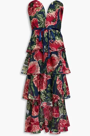 Marchesa Notte Strapless tiered embroidered tulle midi dress - Blue - US 10