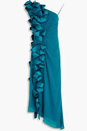 Badgley Mischka One-shoulder bow-detailed draped georgette gown - Blue - US 12