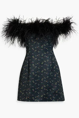 Harley Viera-Newton Sadie off-the-shoulder feather-trimmed floral-print satin mini dress - Blue - US 12