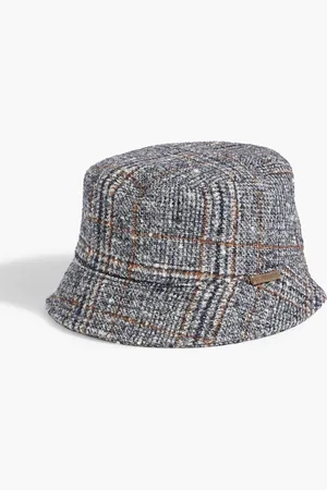 Brunello Cucinelli Bead-embellished Prince of Wales checked wool-blend tweed bucket hat - - S