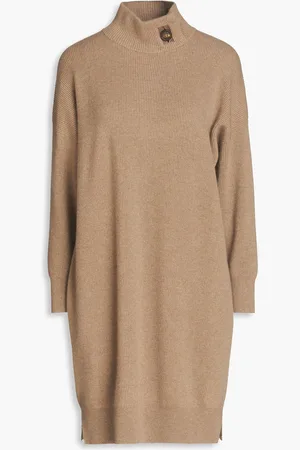 Brunello Cucinelli Bead-embellished ribbed cashmere turtleneck mini dress - Brown - S