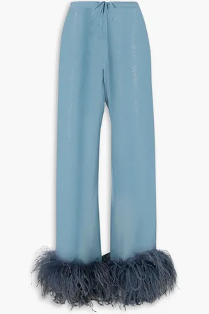 Oseree Lumière feather-trimmed glittered chiffon straight-leg pants - Blue - S