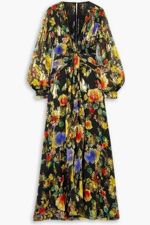 RIXO London Meera gathered floral-print metallic fil coupé silk-blend maxi dress - - UK 10