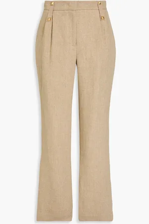 Alberta Ferretti Studded pleated linen straight-leg pants - Neutral - IT 42
