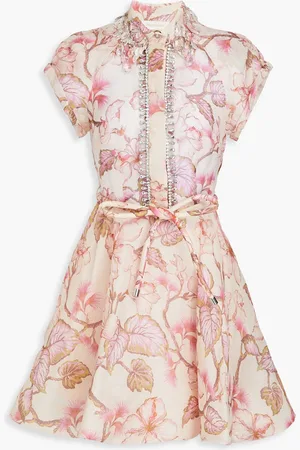 ZIMMERMANN Crystal-embellished floral-print linen and silk-blend gauze mini dress - Pink - 0