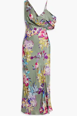Nicholas Draped floral-print satin-crepe midi dress - Green - US 0