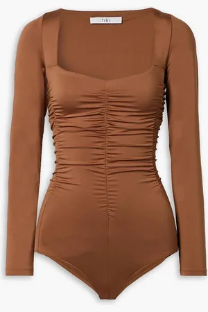 tibi Ruched stretch-satin jersey bodysuit - Brown - XS