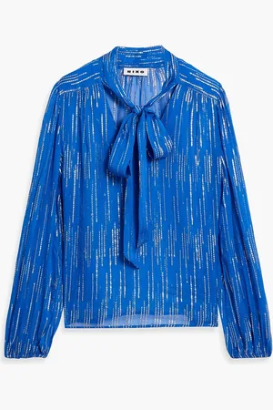 RIXO London Moss pussy-bow metallic jacquard blouse - Blue - UK 6