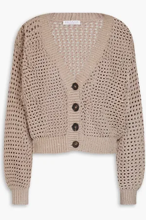 Brunello Cucinelli Sequin-embellished open-knit cotton-blend cardigan - Neutral - M