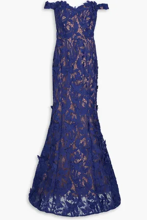 Marchesa Notte Off-the-shoulder guipure lace gown - Blue - US 2
