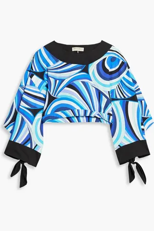 Puccini Cropped printed cotton-poplin top - Blue - M