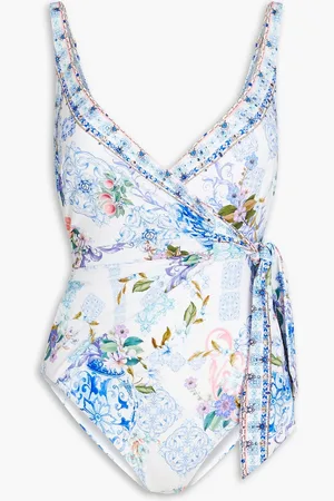 Camilla Wrap-effect embellished printed swimsuit - Blue - UK 10