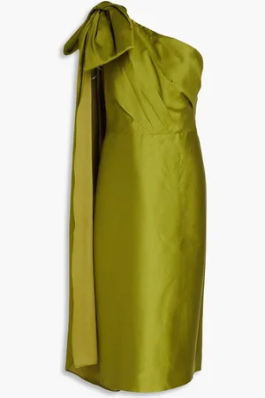 Marchesa Notte One-shoulder bow-detailed satin-twill midi dress - Green - US 12