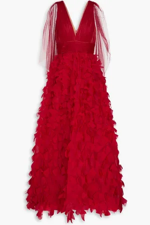 Marchesa Notte Appliquéd plissé-tulle and organza gown - Red - US 14