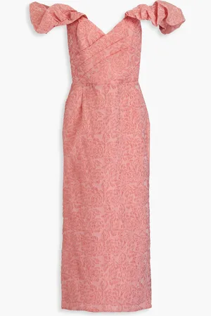 Marchesa Notte Off-the-shoulder pleated cloqué midi dress - Pink - US 4