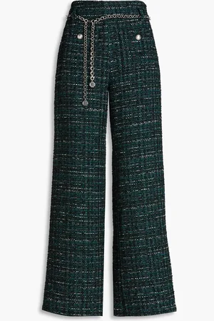 Maje Belted metallic bouclé-tweed wide-leg pants - Green - FR 34