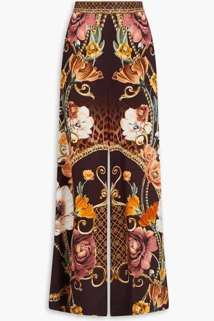 Camilla Crystal-embellished printed silk-satin wide-leg pants - Brown - XS