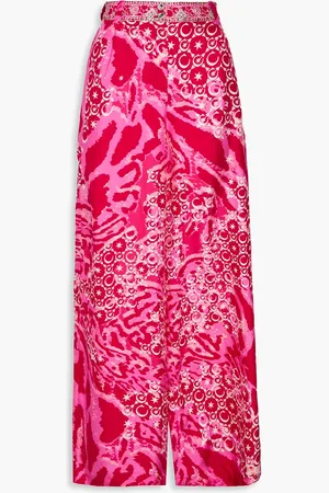 Camilla Pleated printed silk-twill wide-leg pants - Pink - M