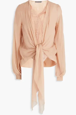 Alberta Ferretti Tie-front layered silk-voile and corded lace blouse - White - IT 40