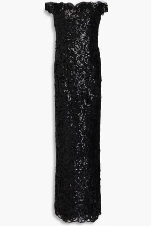 Marchesa Notte Off-the-shoulder sequined guipure lace gown - Metallic - US 10
