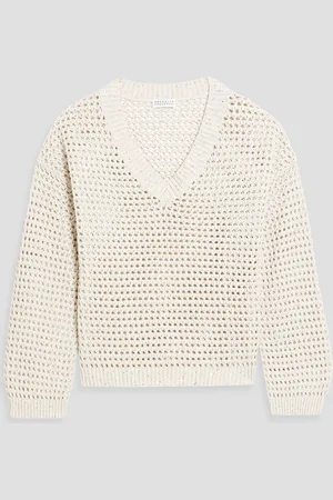 Brunello Cucinelli Sequin-embellished open-knit cotton-blend sweater - White - L