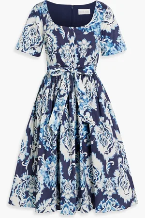 MIKAEL AGHAL Belted printed cotton-poplin midi dress - Blue - US 4