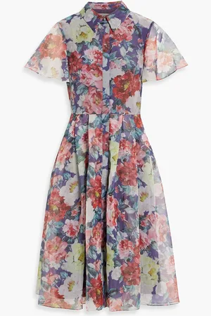 MIKAEL AGHAL Pleated floral-print habotai shirt dress - Blue - US 10