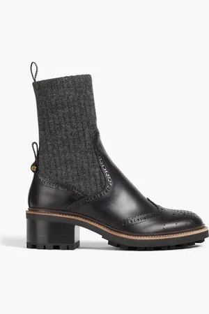 Chloé Franne ribbed-knit and leather ankle boots - - EU 37.5