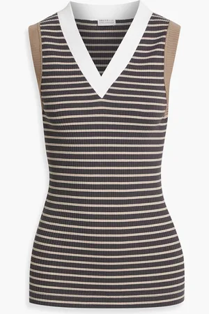 Brunello Cucinelli Bead-embellished striped ribbed cotton-blend top - Gray - M