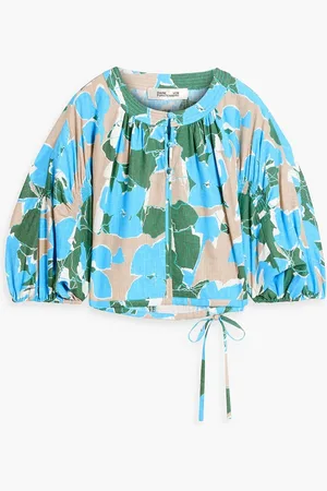 Diane von Furstenberg Dario cropped floral-print slub woven blouse - Blue - S