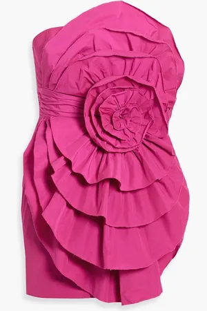 Marchesa Notte Strapless floral-appliquéd ruffled taffeta mini dress - Pink - US 10